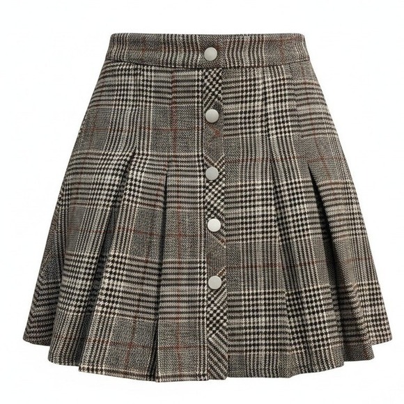 Molliwater Dresses & Skirts - New XS Plaid Thick Knit Pleated Mini Skirt Button Front Glen Check Brown Grey